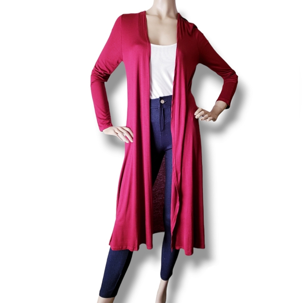 Heart & Hips Red Open Front Long Lightweight Cardigan